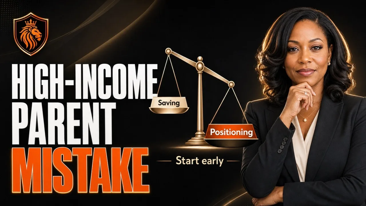 A law firm partner in a dark suit beside a set of scales. Caption: High-income parent mistake.
